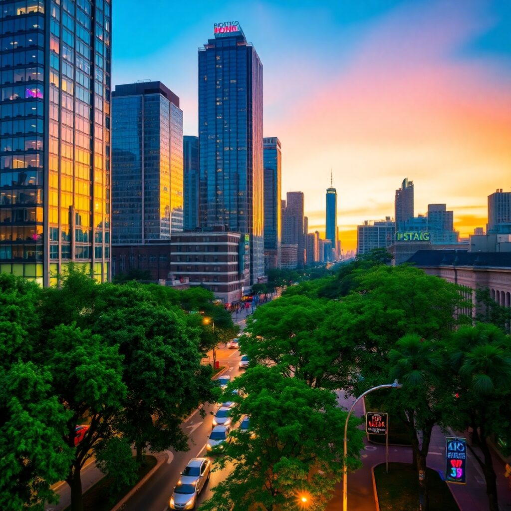 A Bustling Urban Cityscape at Dusk – free AI stock image