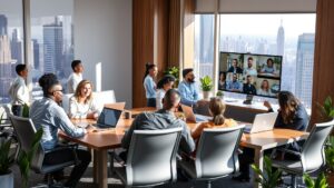 Busy Urban Office Environment with Diverse Business Professionals image – free AI stock image