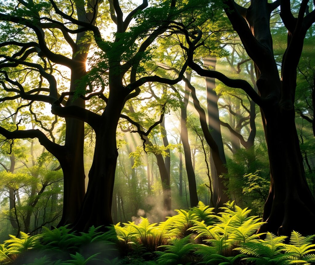 Calm Forest Background with Gentle Sunlight – free AI stock image
