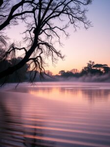 Calm Lake at Dawn with Misty Reflection – free AI stock image