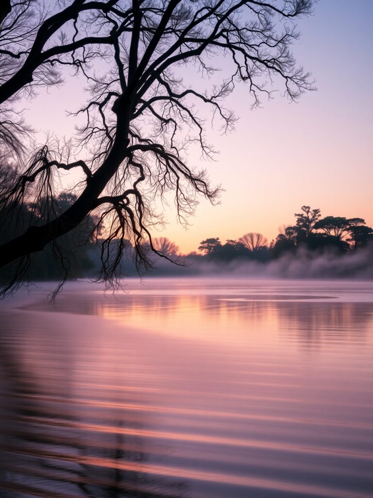 Calm Lake at Dawn with Misty Reflection – free AI stock image