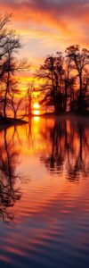 Calm Lake at Sunrise with Silhouetted Trees – free AI stock image