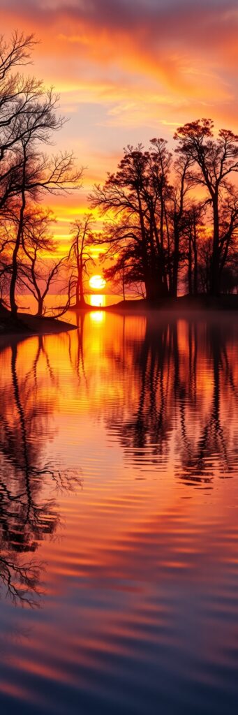 Calm Lake at Sunrise with Silhouetted Trees – free AI stock image