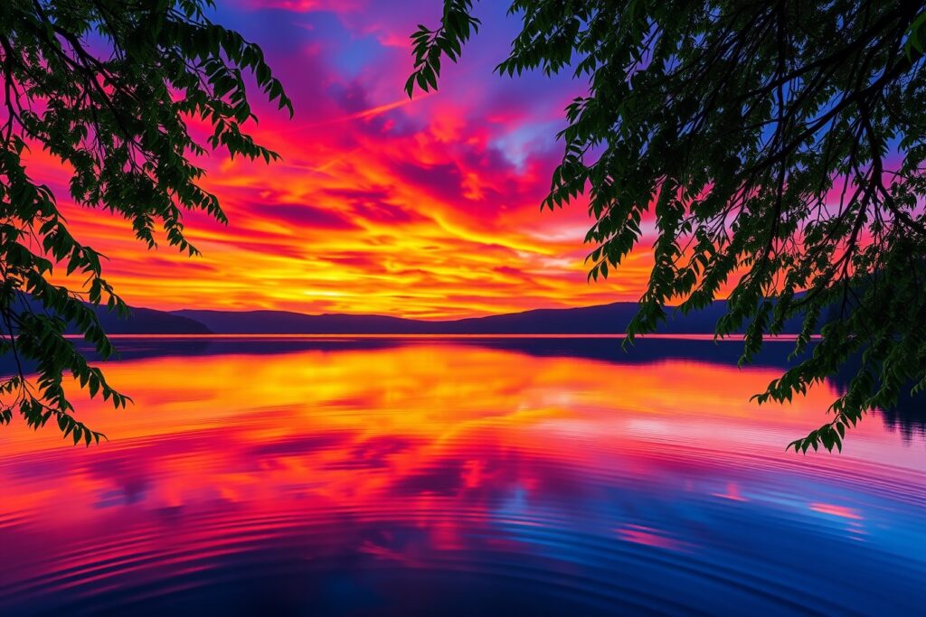 Calm Lake at Sunset with Mirror-like Reflections – free AI stock image