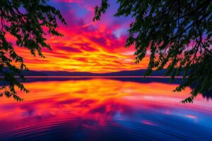 Calm Lake at Sunset with Mirror-like Reflections – free AI stock image