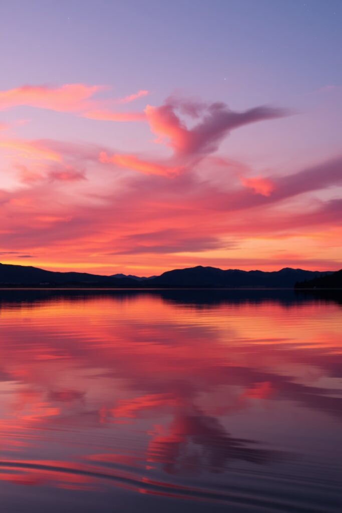 Calm Lake at Sunset with Reflections – free AI stock image