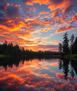 Calm Lake at Sunset with Reflections – free AI stock image