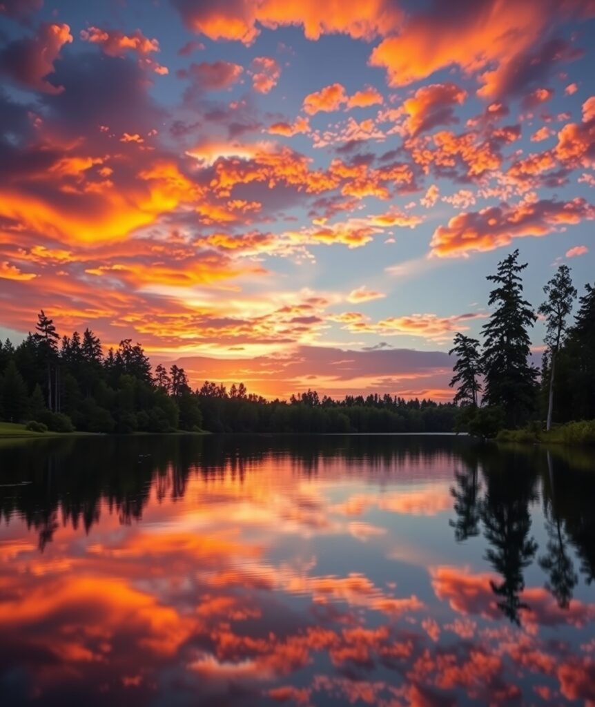 Calm Lake at Sunset with Reflections – free AI stock image