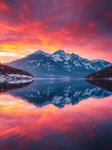 Calm Lake at Sunset with Reflections – free AI stock image