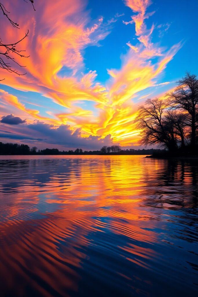 Calm Lake at Sunset with Reflective Waters – free AI stock image