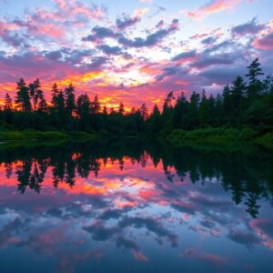 Calm Lake Reflecting a Colorful Sunset – free AI stock image