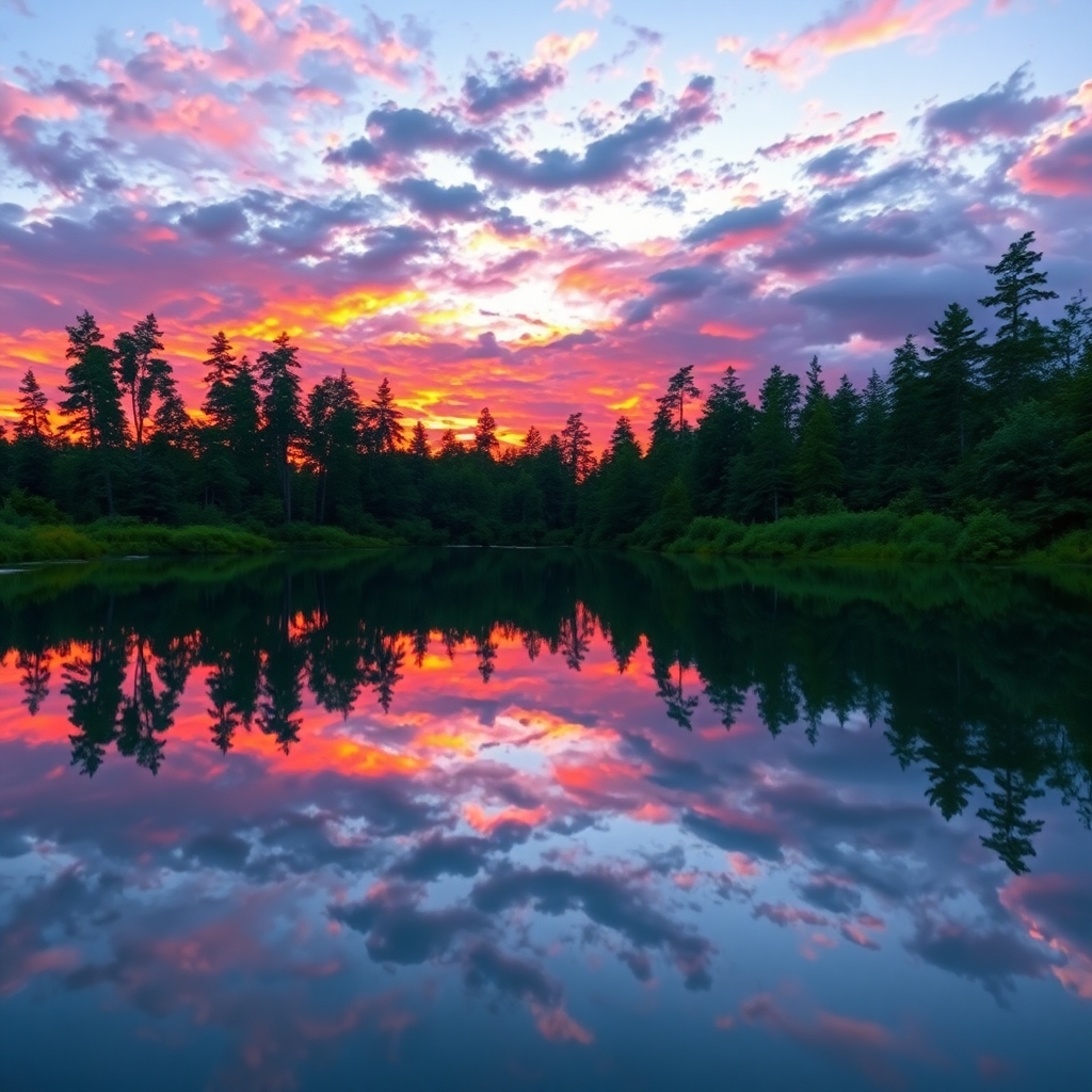 Calm Lake Reflecting a Colorful Sunset – free AI stock image