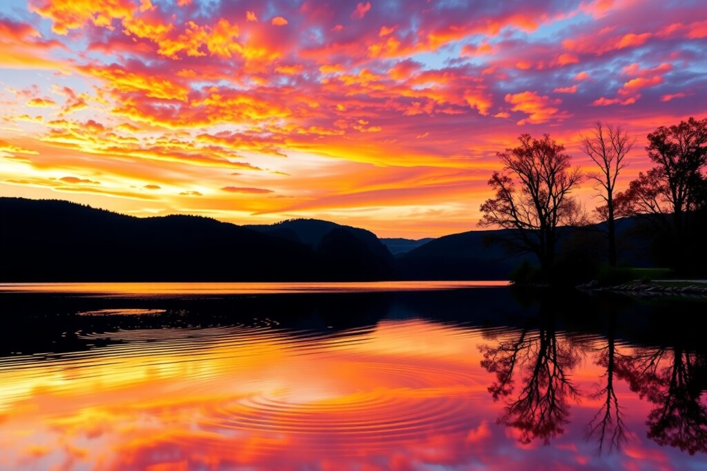 Calm Lake Reflecting a Colorful Sunset – free AI stock image