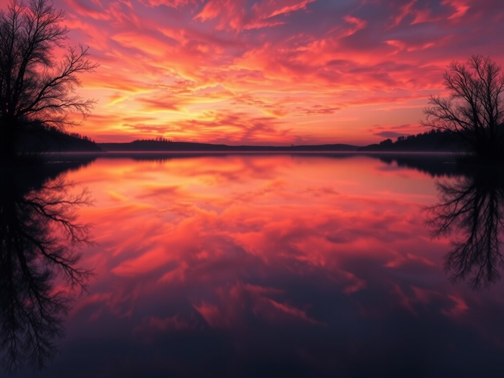Calm Lake Reflecting a Colorful Sunset – free AI stock image