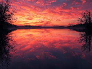 Calm Lake Reflecting a Colorful Sunset – free AI stock image