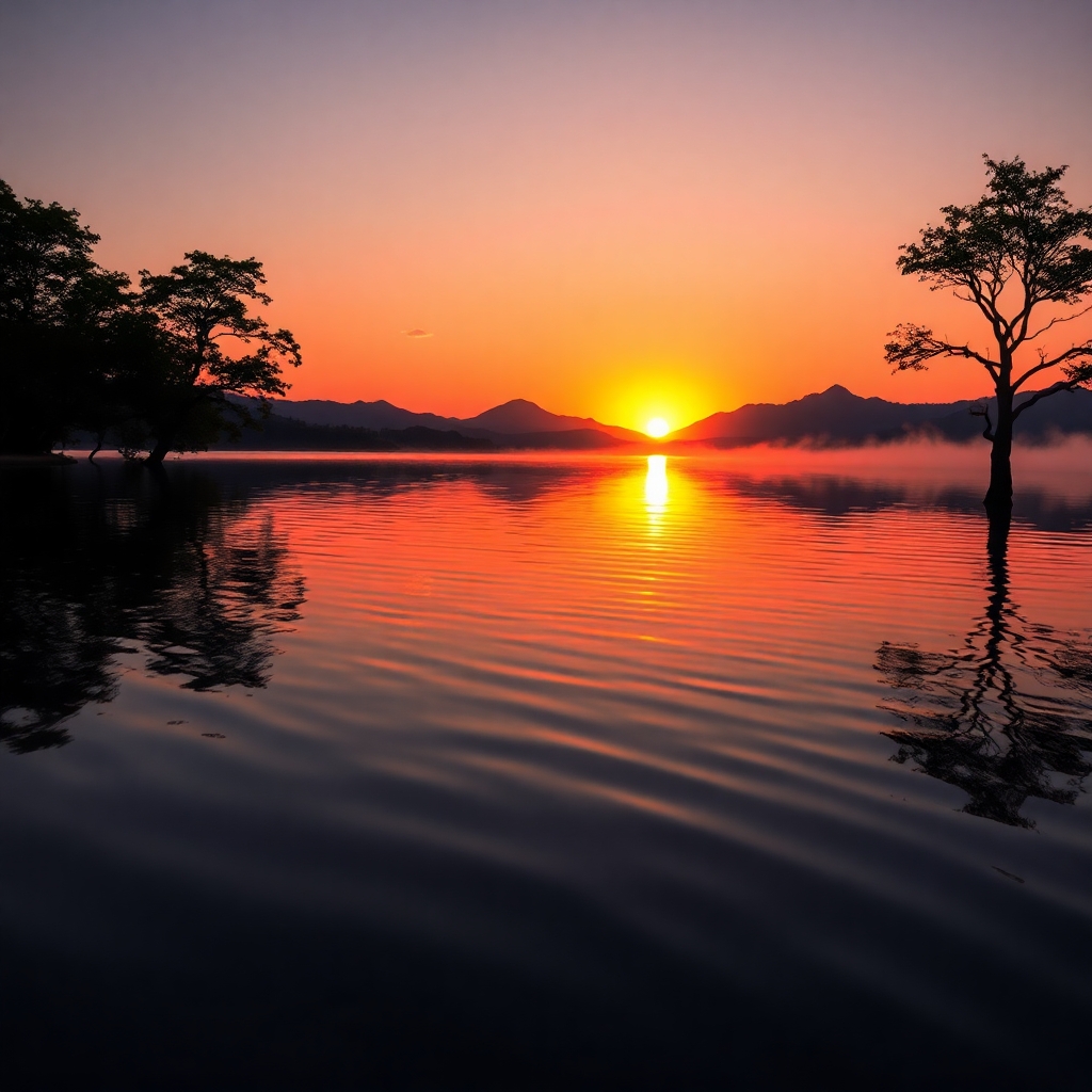 Calm Lake Reflecting a Dramatic Sunset – free AI stock image