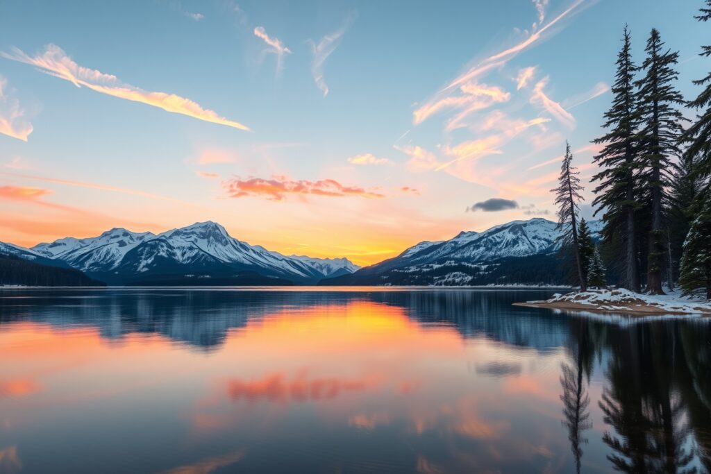 Calm Lake Reflecting a Mountain Sunset – free AI stock image