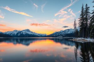Calm Lake Reflecting a Mountain Sunset – free AI stock image