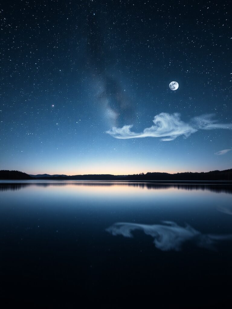 Calm Lake Reflecting a Starry Sky – free AI stock image