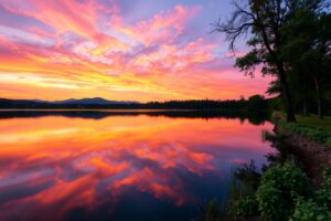 Calm Lake Reflecting A Sunset Sky – free AI stock image