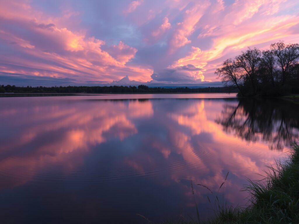 Calm Lake Reflecting a Twilight Sky – free AI stock image