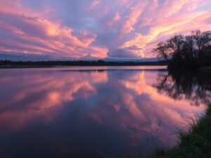 Calm Lake Reflecting a Twilight Sky – free AI stock image