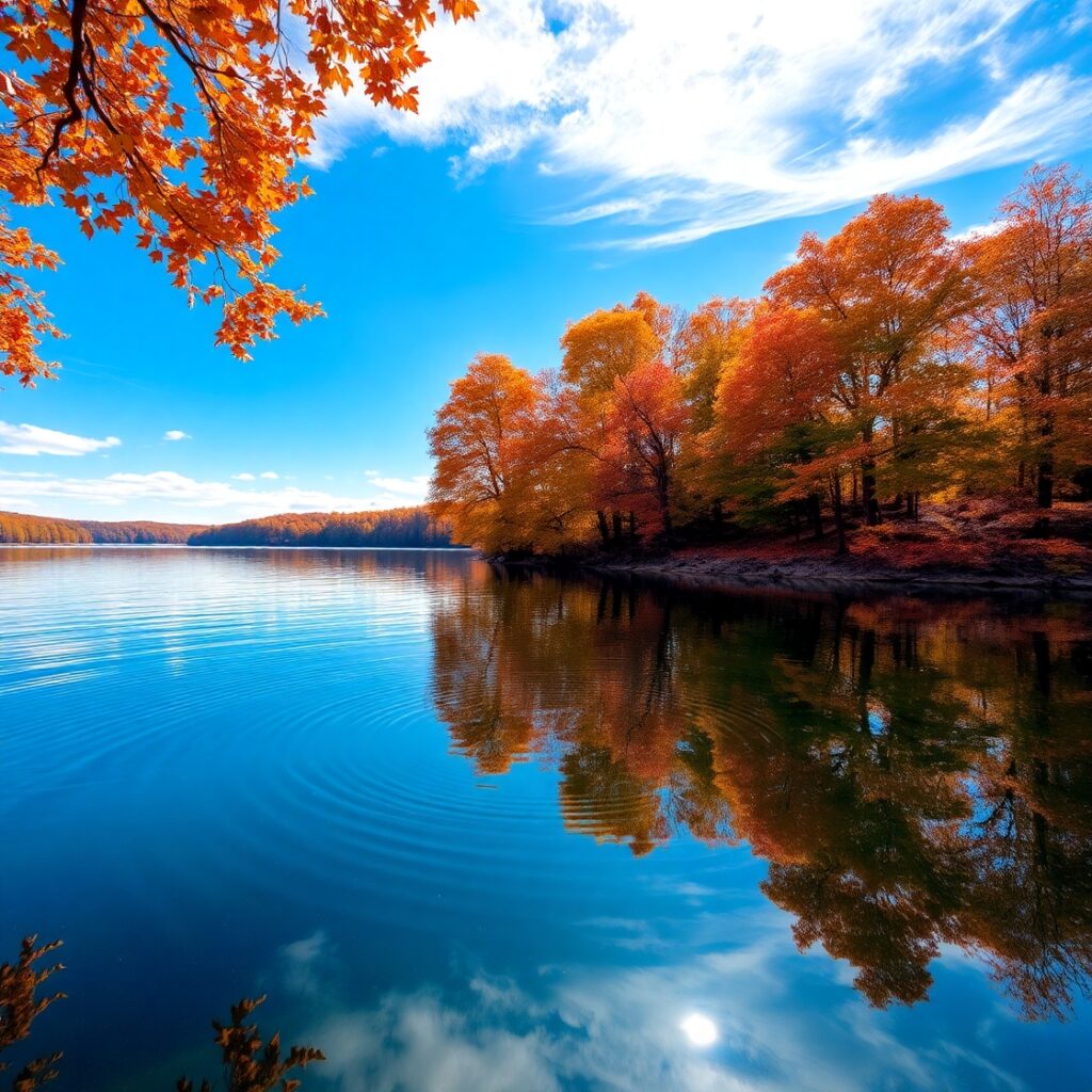 Calm Lake Reflecting Autumn Colors – free AI stock image