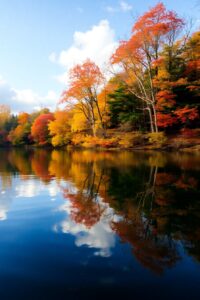 Calm Lake Reflecting Autumn Trees – free AI stock image