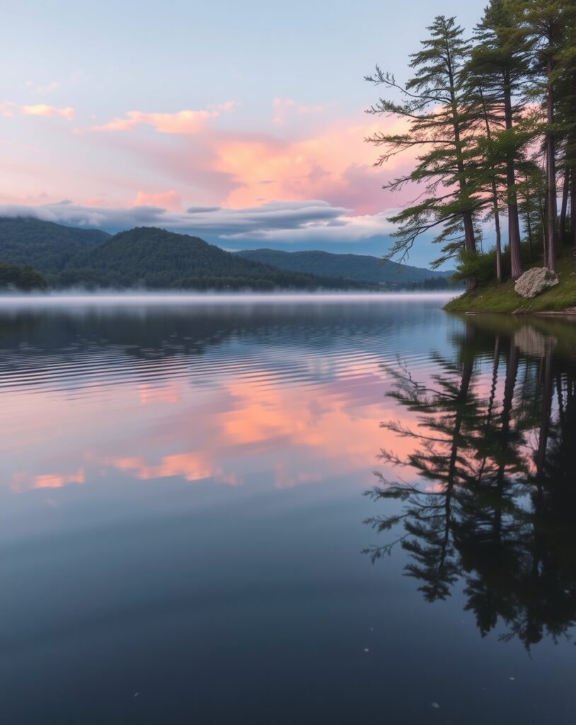 Calm Lake Reflecting Dawn’s Light – free AI stock image