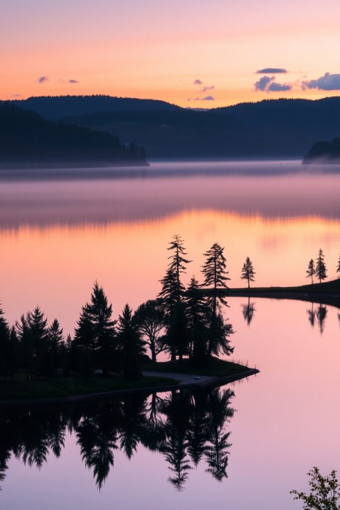 Calm Lake Reflecting Dusk Sky – free AI stock image