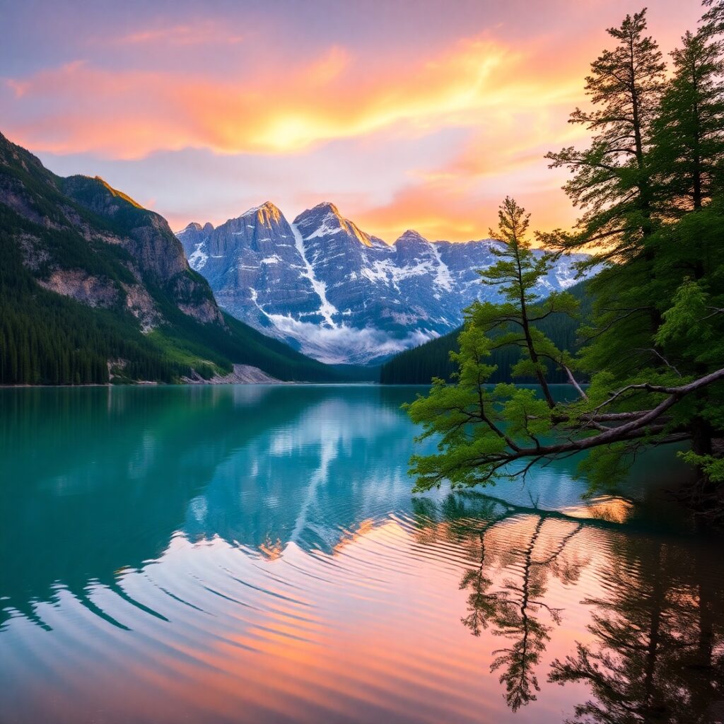 Calm Lake Reflecting Majestic Mountain Peaks – free AI stock image