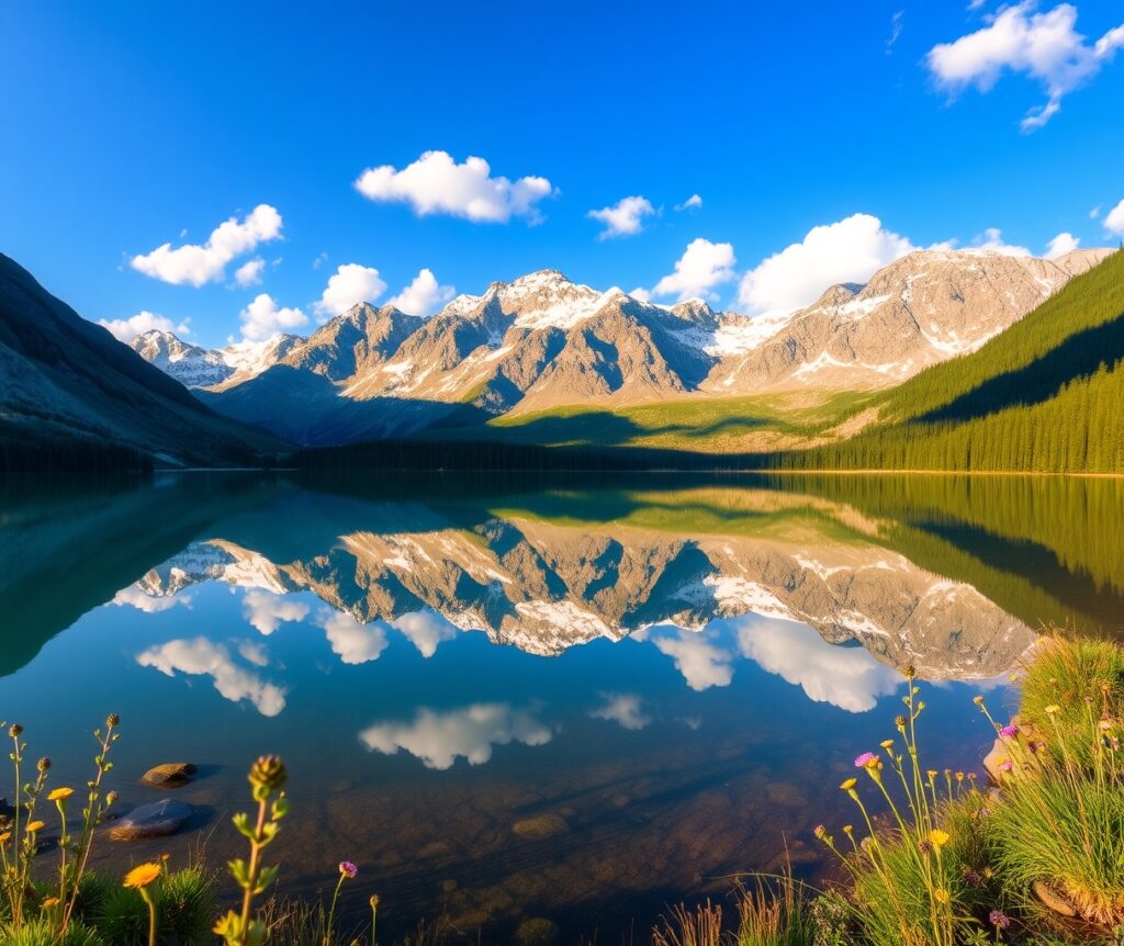 Calm Lake Reflecting Majestic Mountains – free AI stock image