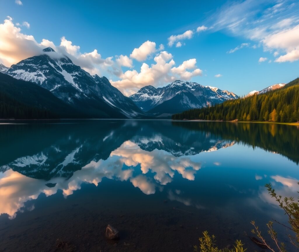 Calm Lake Reflecting Majestic Mountains – free AI stock image
