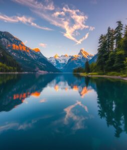 Calm Lake Reflecting Majestic Mountains – free AI stock image