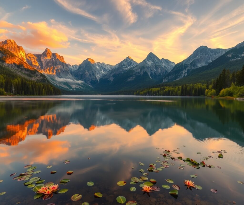 Calm Lake Reflecting Majestic Mountains – free AI stock image
