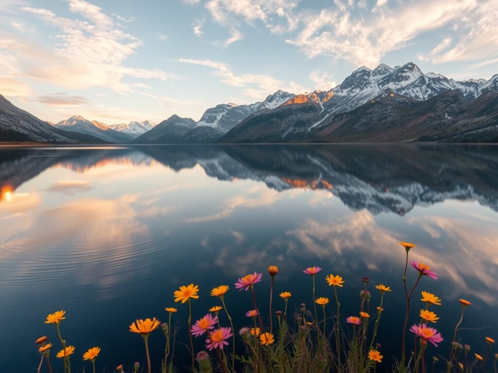 Calm Lake Reflecting Majestic Mountains – free AI stock image