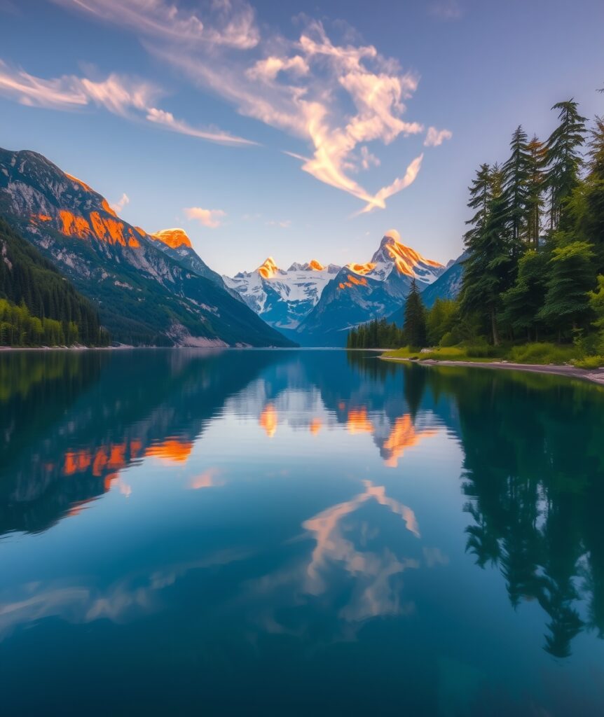 Calm Lake Reflecting Majestic Mountains – free AI stock image