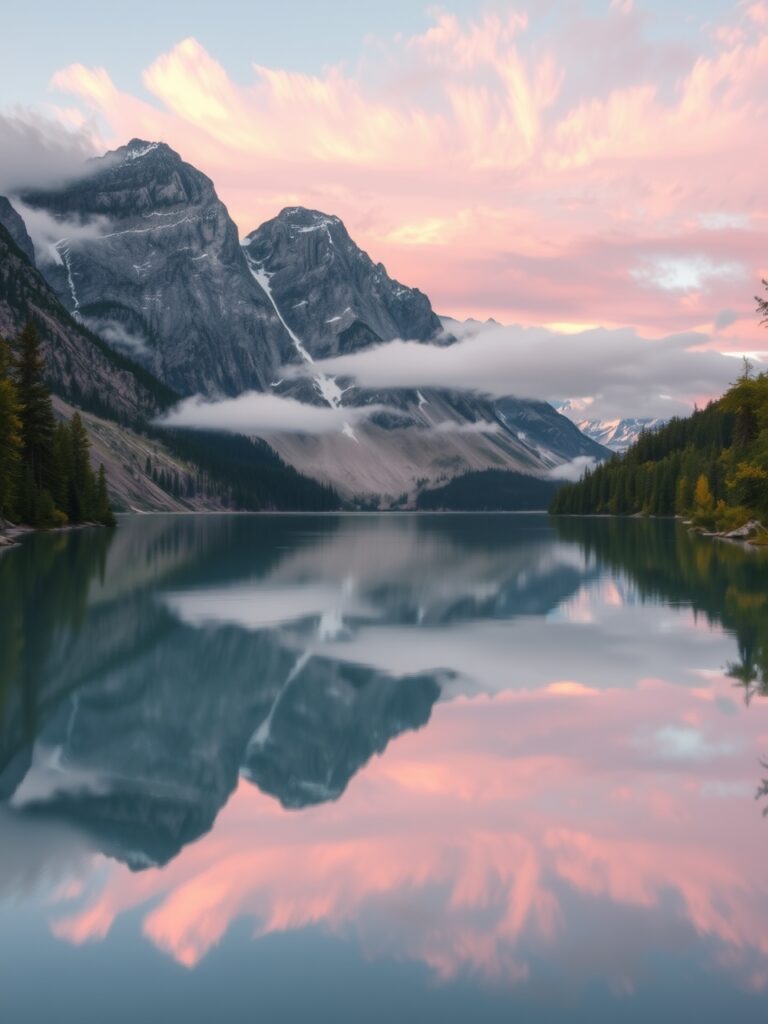 Calm Lake Reflecting Mountain Peaks – free AI stock image