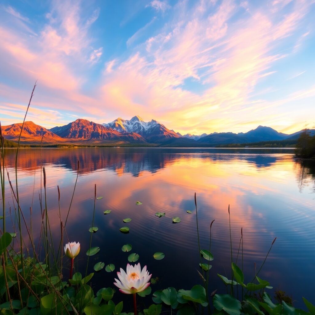 Calm Lake Reflecting Mountain Peaks at Sunset – free AI stock image
