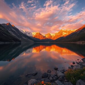 Calm Lake Reflecting Mountain Peaks at Sunset – free AI stock image