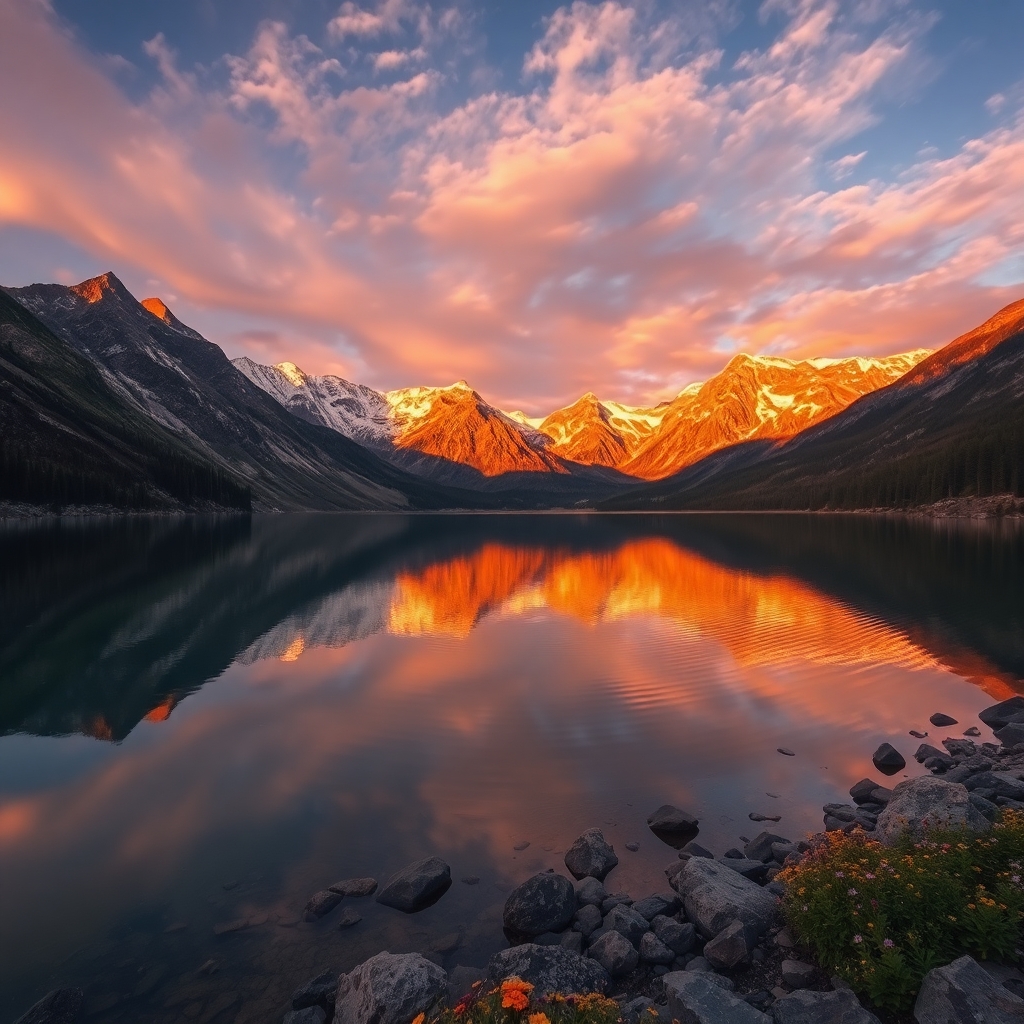 Calm Lake Reflecting Mountain Peaks at Sunset – free AI stock image