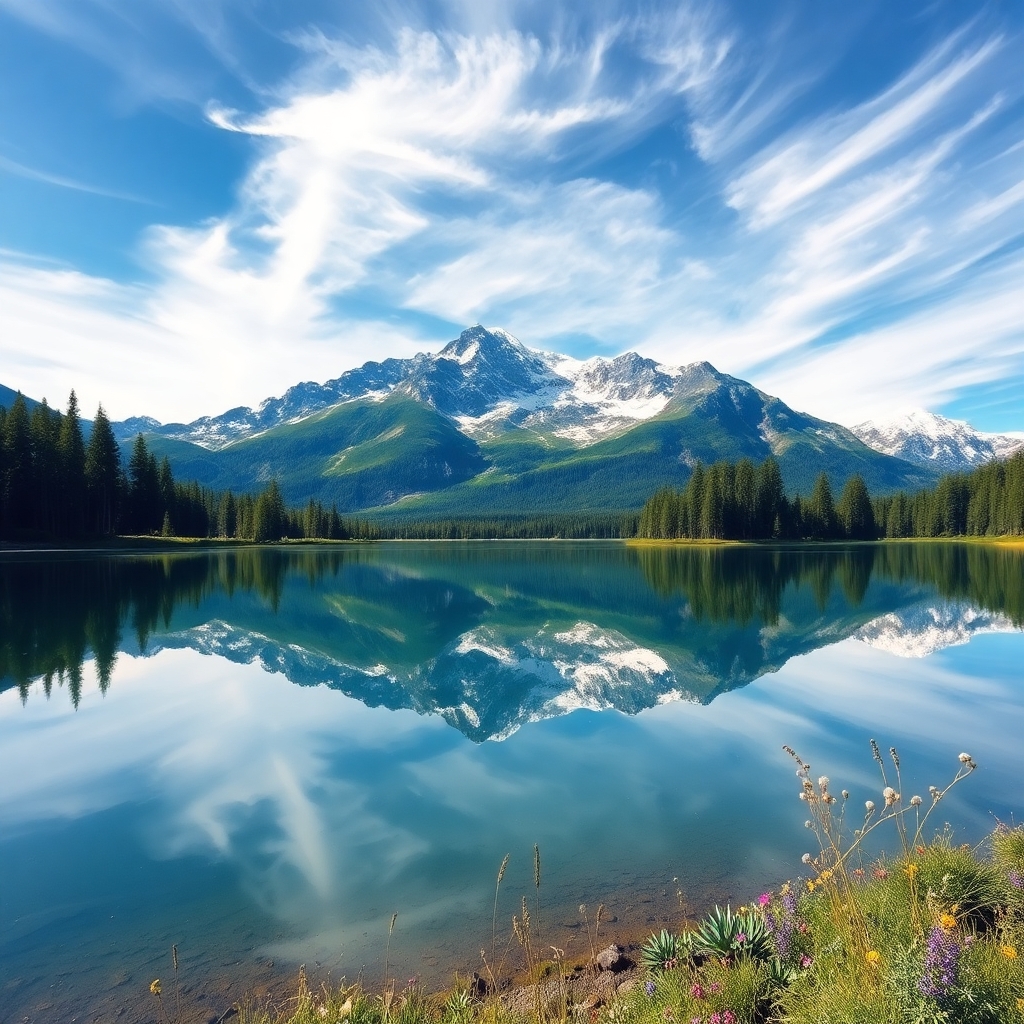 Calm Lake Reflecting Mountain Peaks – free AI stock image