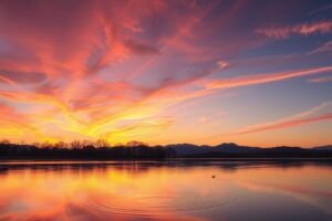 A Calm Lake Reflecting a Quiet Sunset – free AI stock image