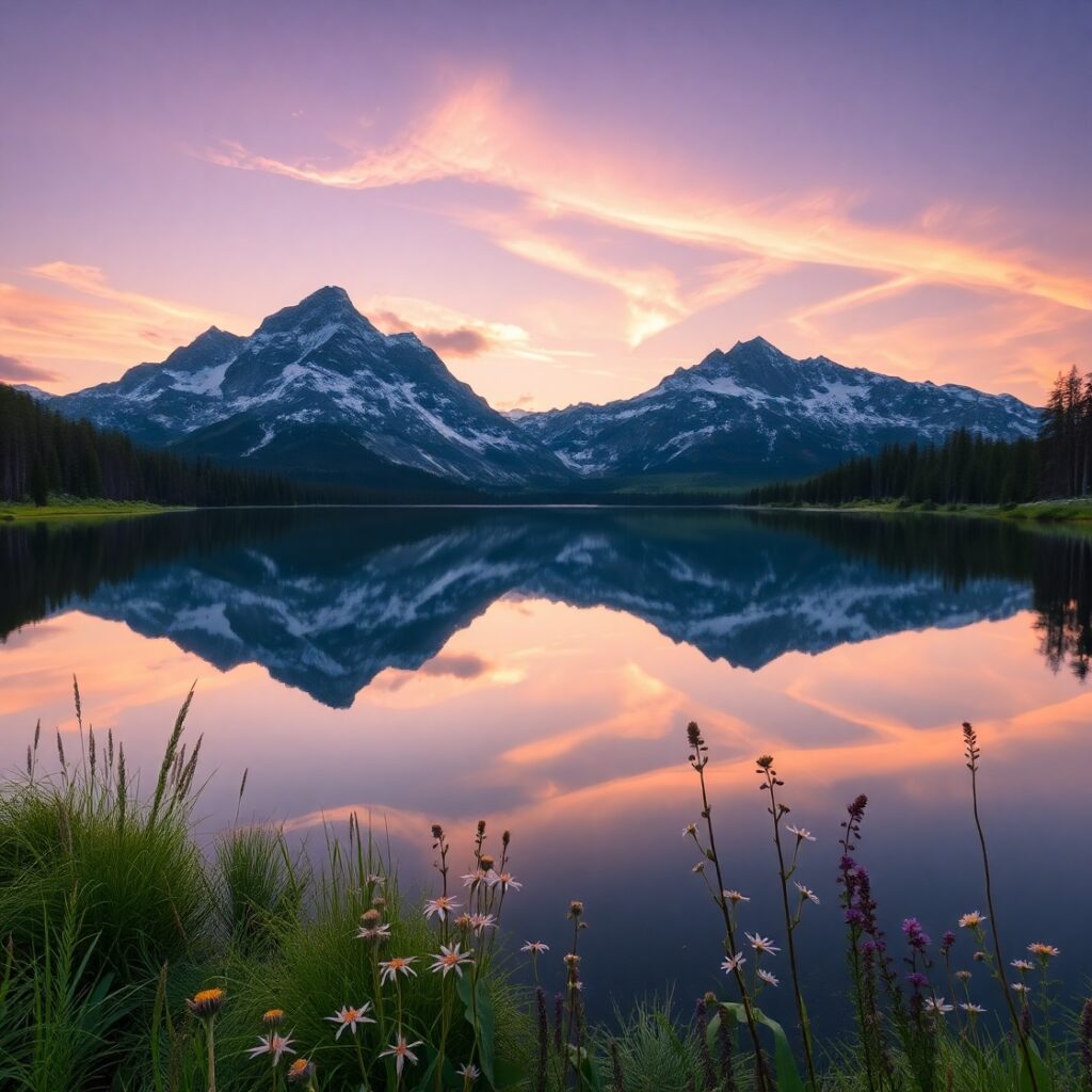 A Calm Lake Reflecting Stunning Mountains – free AI stock image