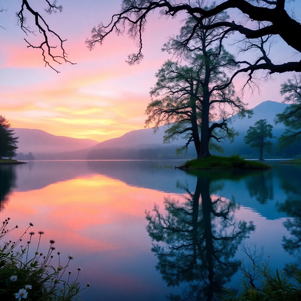 Calm Lake Reflecting Sunrise Colors – free AI stock image