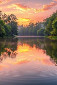 Calm Lake Reflecting Sunrise Colors – free AI stock image