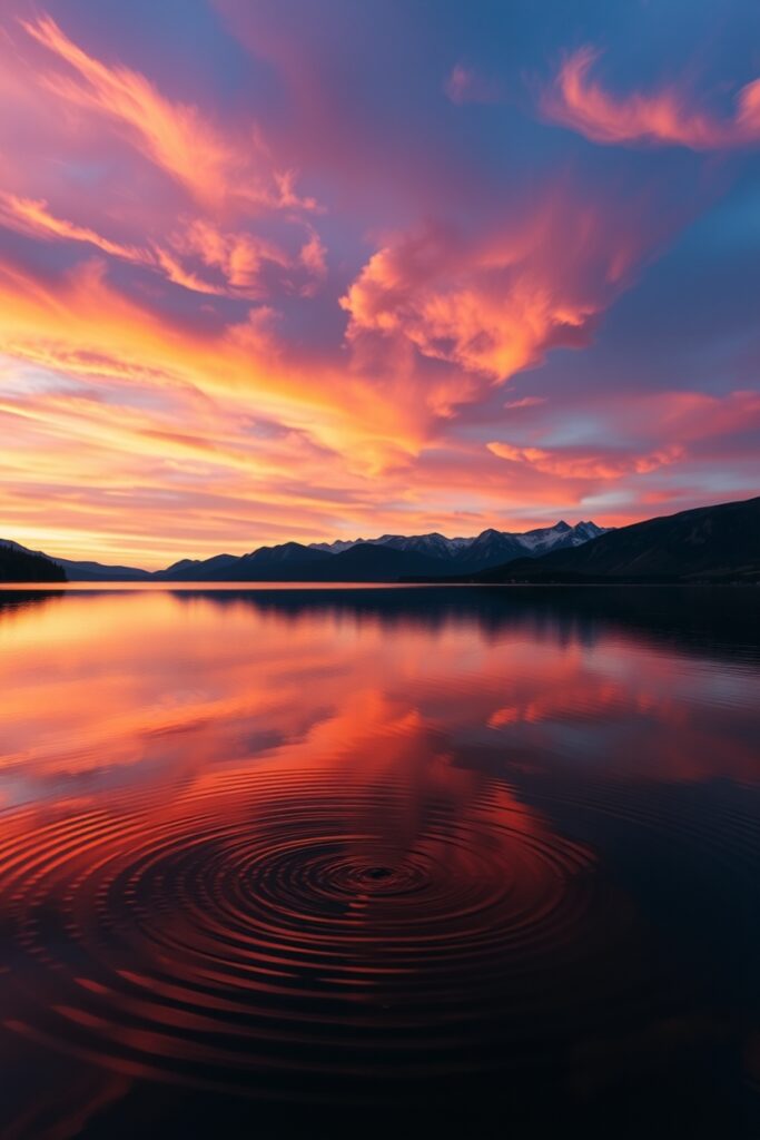 Calm Lake Reflecting Sunset Colors – free AI stock image