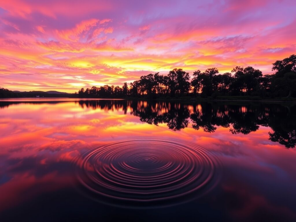 A Calm Lake Reflecting the Sunset Sky – free AI stock image