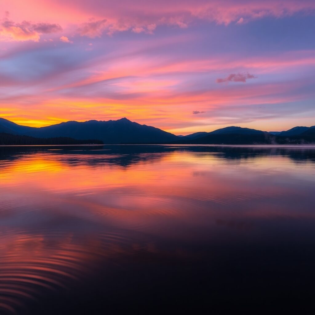 Calm Lake Reflection at Sunset – free AI stock image