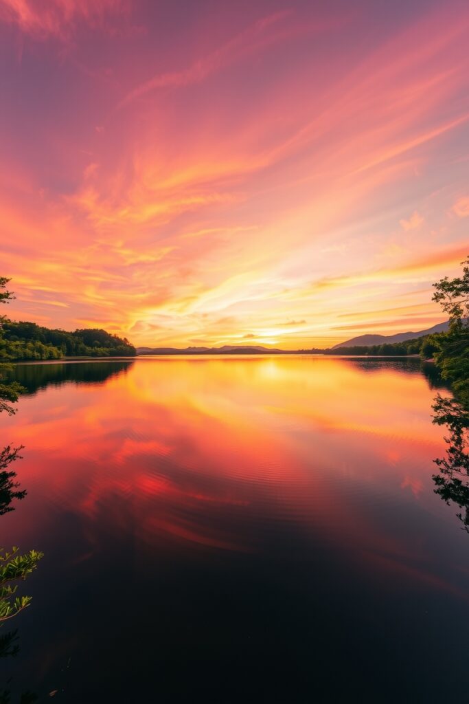 Calm Lake Reflection at Sunset – free AI stock image